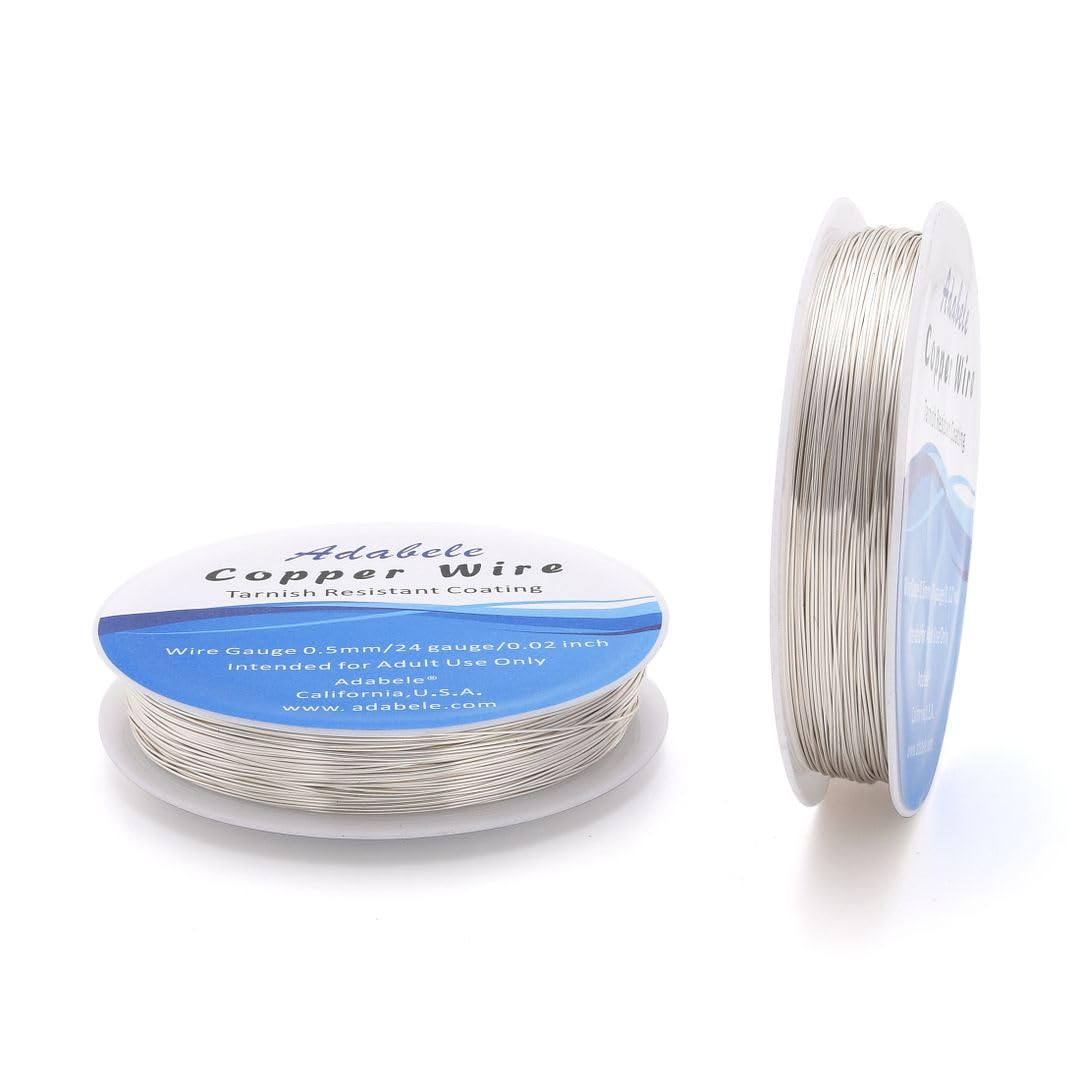Adabele 147 Feet Premium Tarnish Resistant Round Jewelry Wire Copper Beading Wire Spool Bulk (0.5mm/24 Gauge) Sterling Silver Plated for DIY Craft Jewelry Making BF285-5