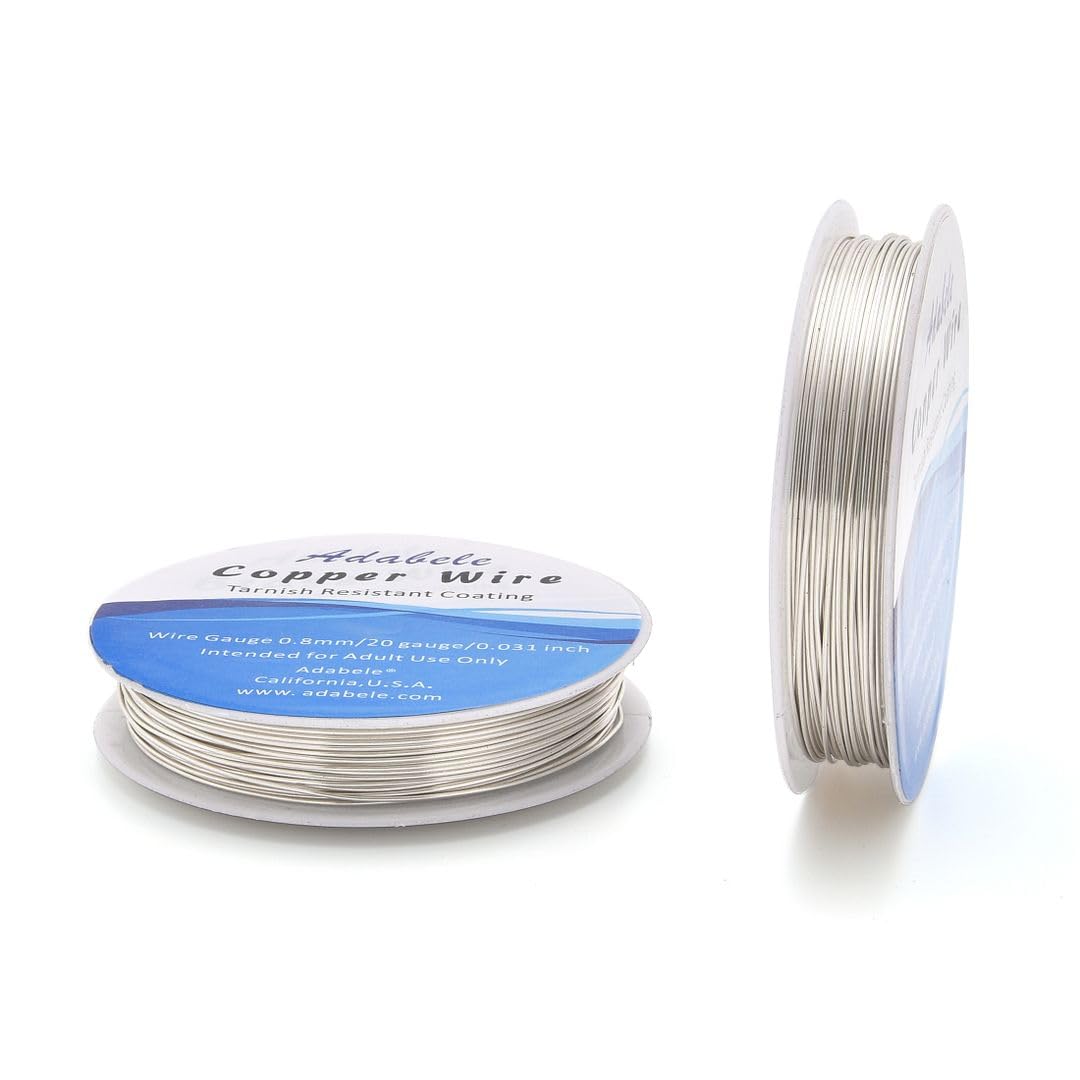 Adabele 131 Feet Premium Tarnish Resistant Round Jewelry Wire Copper Beading Wire Spool Bulk (0.8mm/20 Gauge) Sterling Silver Plated for DIY Craft Jewelry Making BF285-8