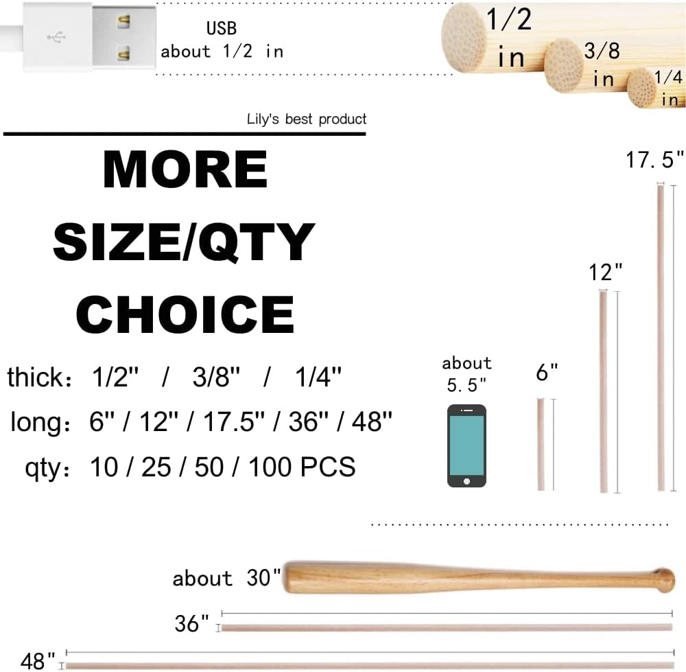 HOPELF 25PCS Wooden Dowel Rods - 3/8 x 12 Inch Bamboo Sticks for Crafts, DIYers