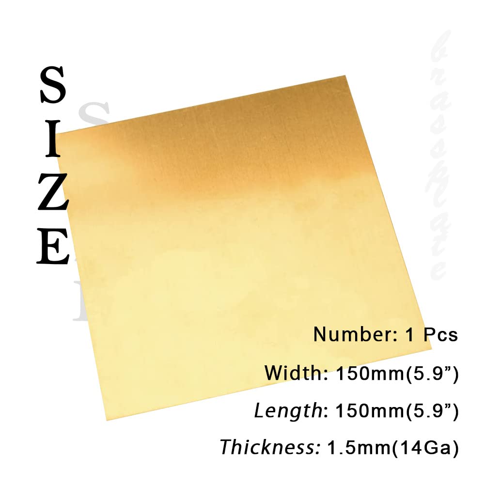 14 Gauge Brass Sheet，H62 Brass Plates Metal 0.059" Thickness x 5.9" Width x 5.9" Lenght, for Models, Crafts, Repairs, Electrical, 1Pcs