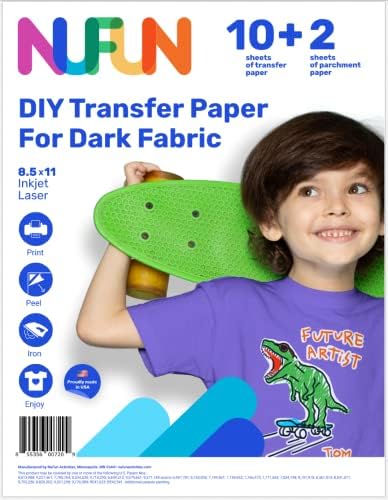 NuFun Activities Printable Iron-on Heat Transfer Paper for T Shirts, Dark Fabrics, 10 Sheets 8.5 x 11 inch, Long Lasting, Durable, Professional Quality, Easy DIY, Non-Toxic, Made in The USA