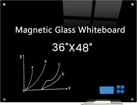 Magnetic Glass Black Board 48"x36" Glass Dry Erase Blackboard Tempered Glass Whiteboard Wall Mounted for Office School Home (Black)