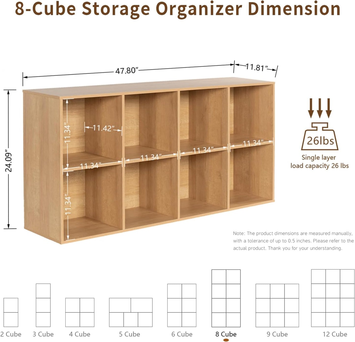Wooden 8-Cube Storage Organizer with Closed Back Panel, 11in Cube Shelf Opening, Bookshelf, Display Shelf,Closet Cabinet for Home and Office,Natural Oak