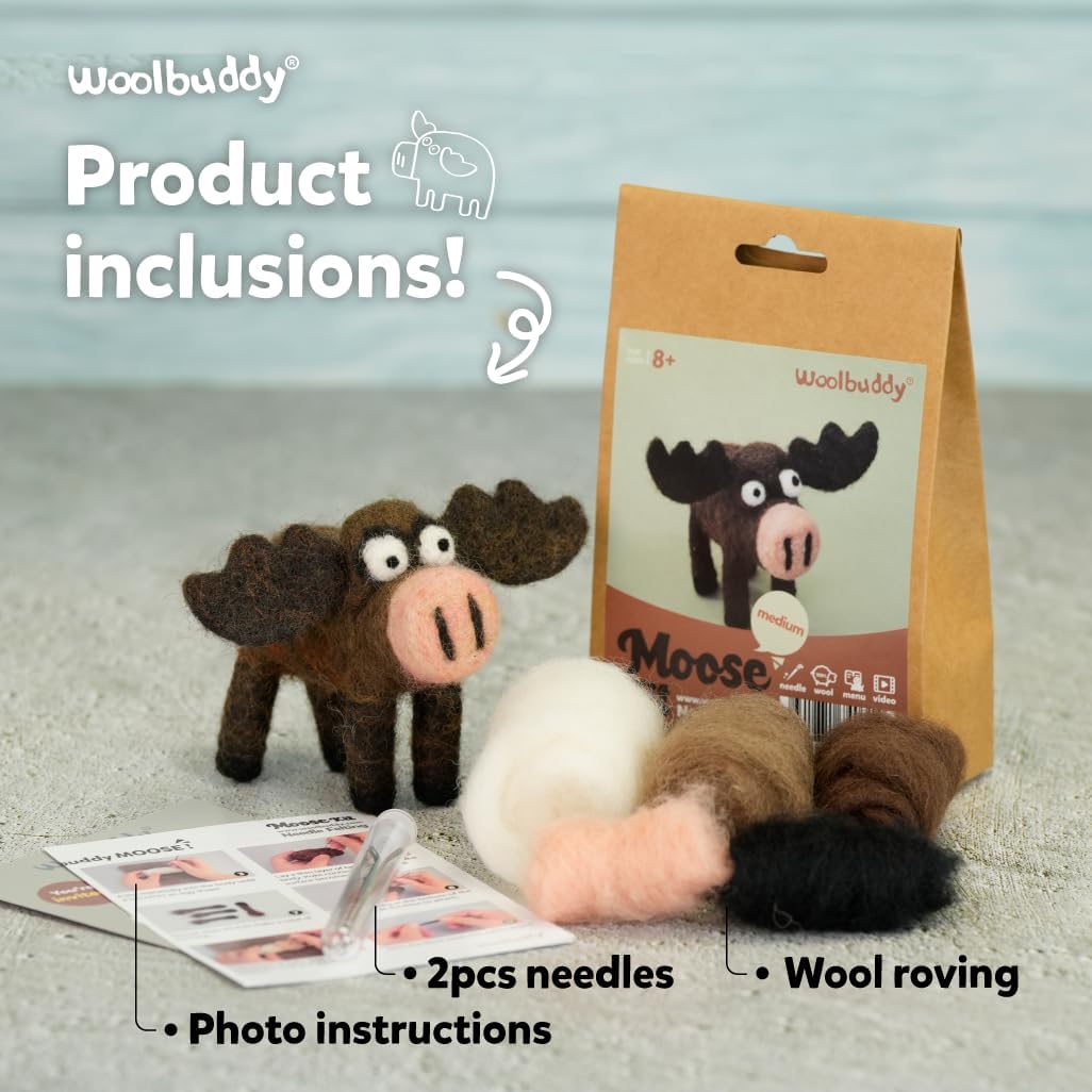 Woolbuddy Needle Felting Kit for Beginners & Adults, Moose Animal DIY Craft Kit, Complete Starter Kit with Wool, Tools & Step-by-Step Instructions