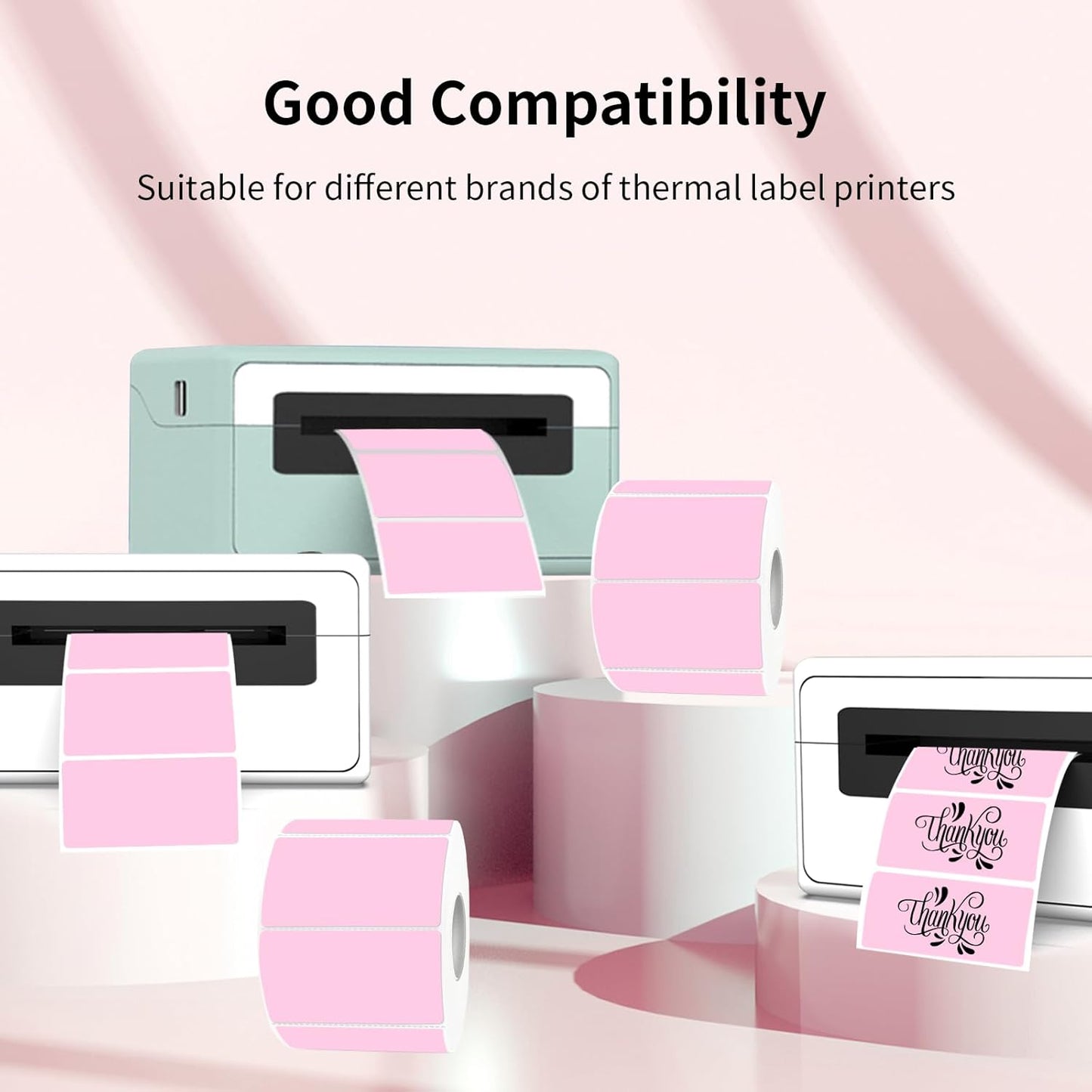 2x1 Inch Thermal Labels, Pink Thermal Printer Stickers, Waterproof Self-Adhesive Shipping Label Printer Sticker for Barcode, Name, Address, 300 Labels/Roll