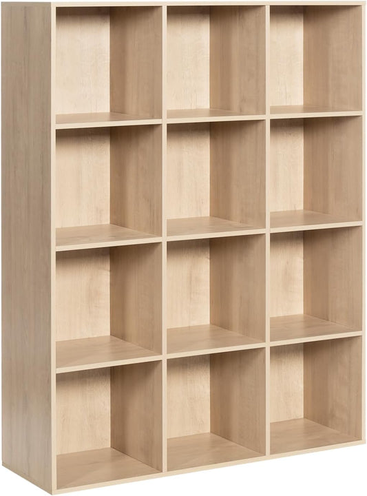 Wooden 12-Cube Storage Organizer with Closed Back Panel, 11in Cube Shelf Opening, Bookshelf, Display Shelf,Closet Cabinet for Home and Office,White Oak
