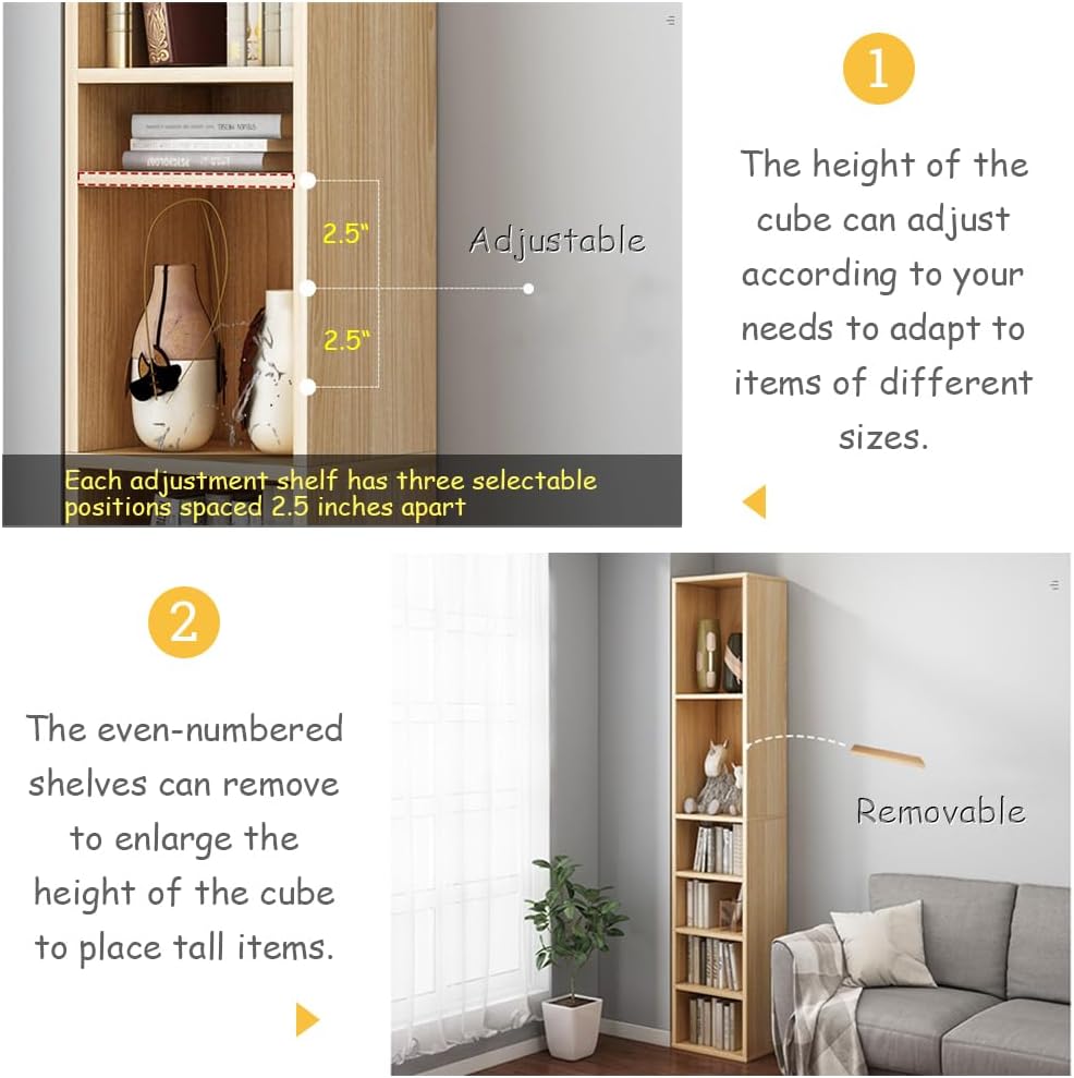 IOTXY Small Narrow Corner Bookcase - 71 Inches Tall Gap Freestanding Storage Cabinet, 7 Lattices Open Shelves Tower Rack with Door, Cubes Bookshelf in White