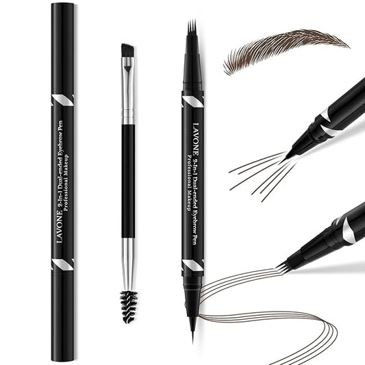 LAVONE 2-IN-1 Dual-ended Waterproof Eyebrow Pencil, 4 Tip Microblading Pen & Ultra-Precise Brow Pencil, Dual-ended Eyebrow Brush, Ebony