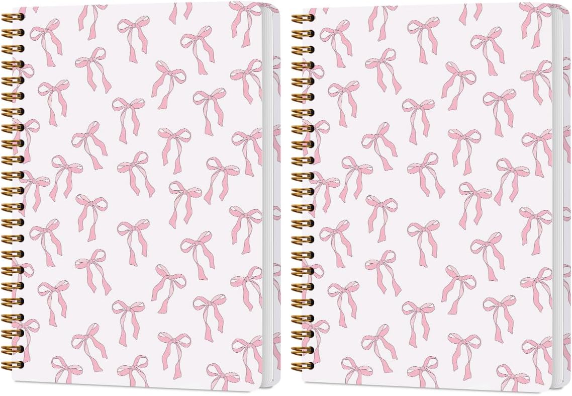 2 PCs Pink Bow Journaling Notebooks Trendy Preppy Spiral Notebook Cute Coquette Aesthetic Design Gifts for Women Teen Girls Note Books Journals for Writing Hardcover Notebook Office Classroom Supplies