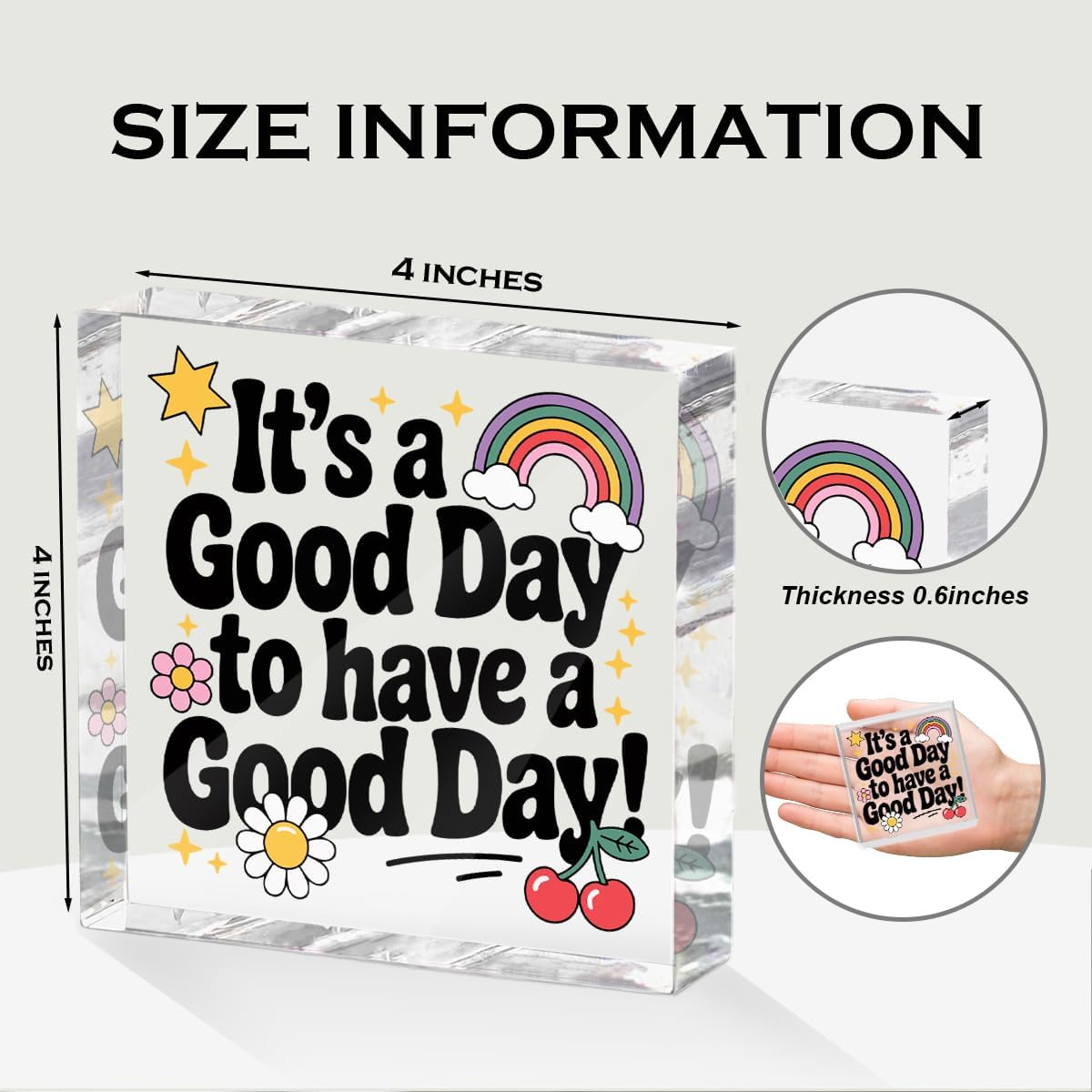 Positive Desk Decor Acrylic Sign 4X4 Inch, Rainbow Cherry Flower Desk Decorative Signs for Shelf Tabletop Cubicle Room Office, Inspirational Gifts for Women Men Friends, Have a Good Day