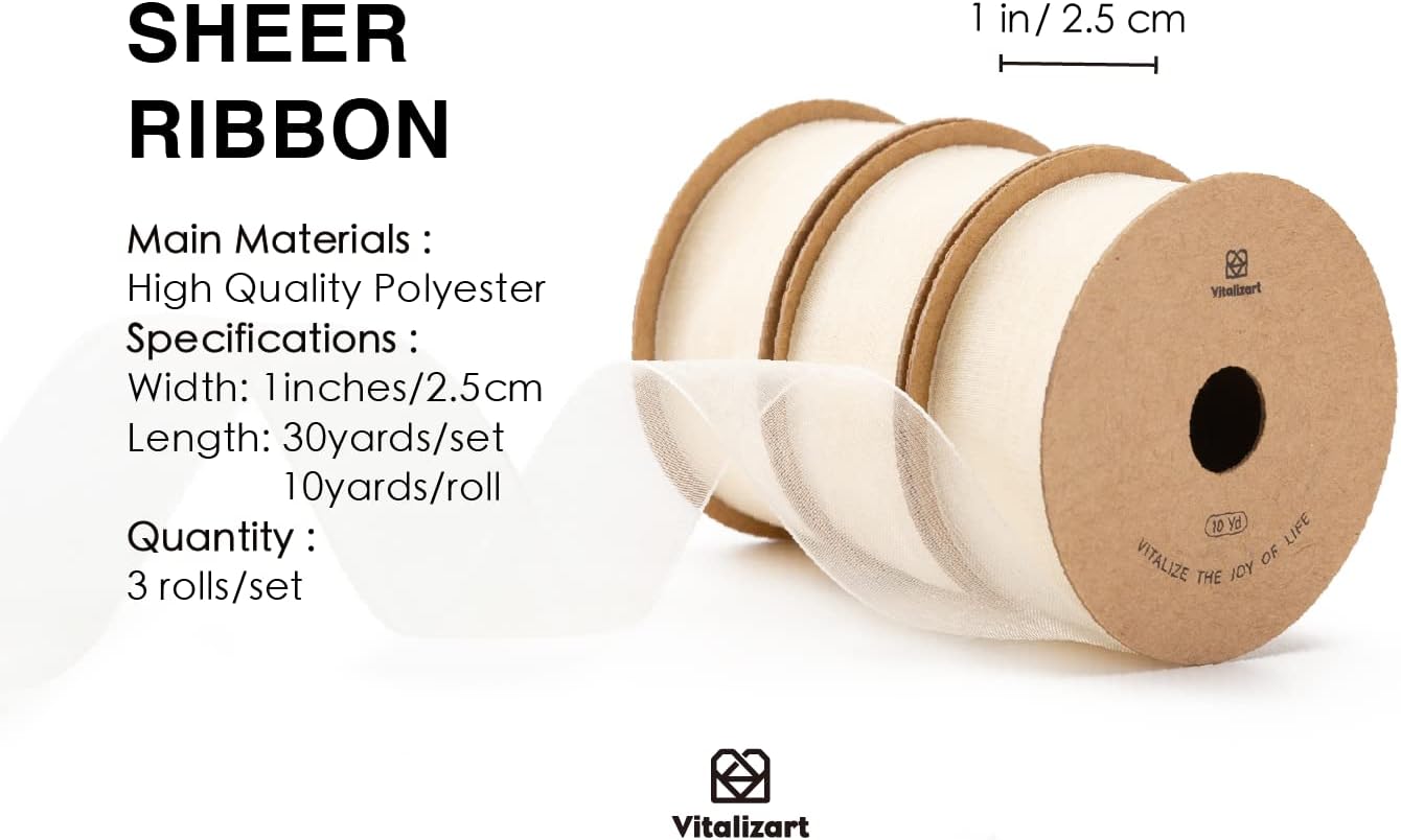 Vitalizart Ivory Cream Ribbon Organza Sheer Ribbon 1 inch x 30Yd Handmade Fabric Ribbons for Gift Wrapping Christmas Tree Crafts Bows Wedding Invitations Wreaths Wrap