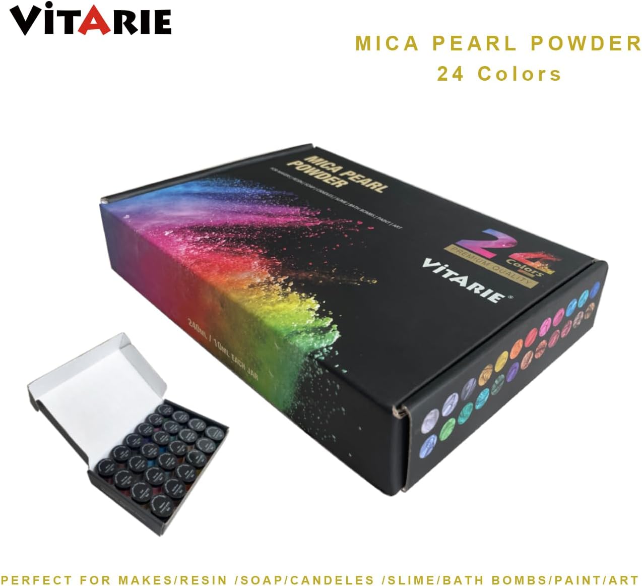 Mica Powder for Lip Gloss, Nails, Epoxy Resin, Soap Making, Bath Bombs, Art Crafts, 24 Colors, 10ml (0.11oz) Each, Neat Jar Set