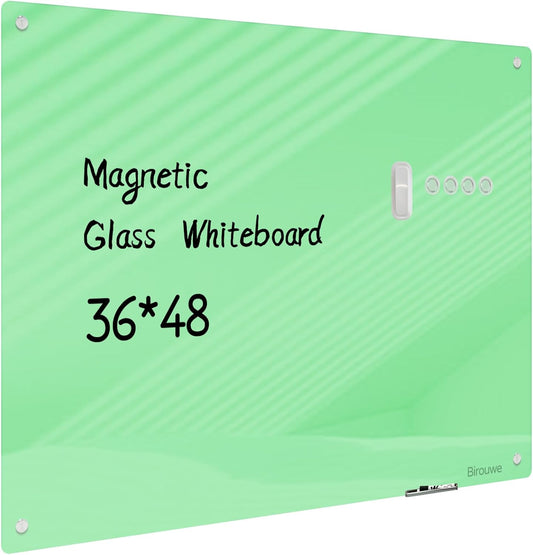 Magnetic Glass Whiteboard - Glass Dry Erase Board 48"x36" Large Frameless Glass Board for Walls Office School and Home, Green