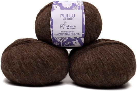 Pullu - Baby Alpaca Merino Wool Yarn Set of 3 Skeins (150 Grams) Worsted Weight - Sourced Directly from Peru - Heavenly Soft and Perfect for Knitting and Crocheting (Mocha)