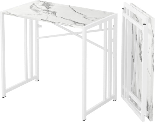 35 inch Folding Small Desk, Writing Gaming Computer Camping Desk for Small Spaces, No Assembly Required Home Office Table, White Marble