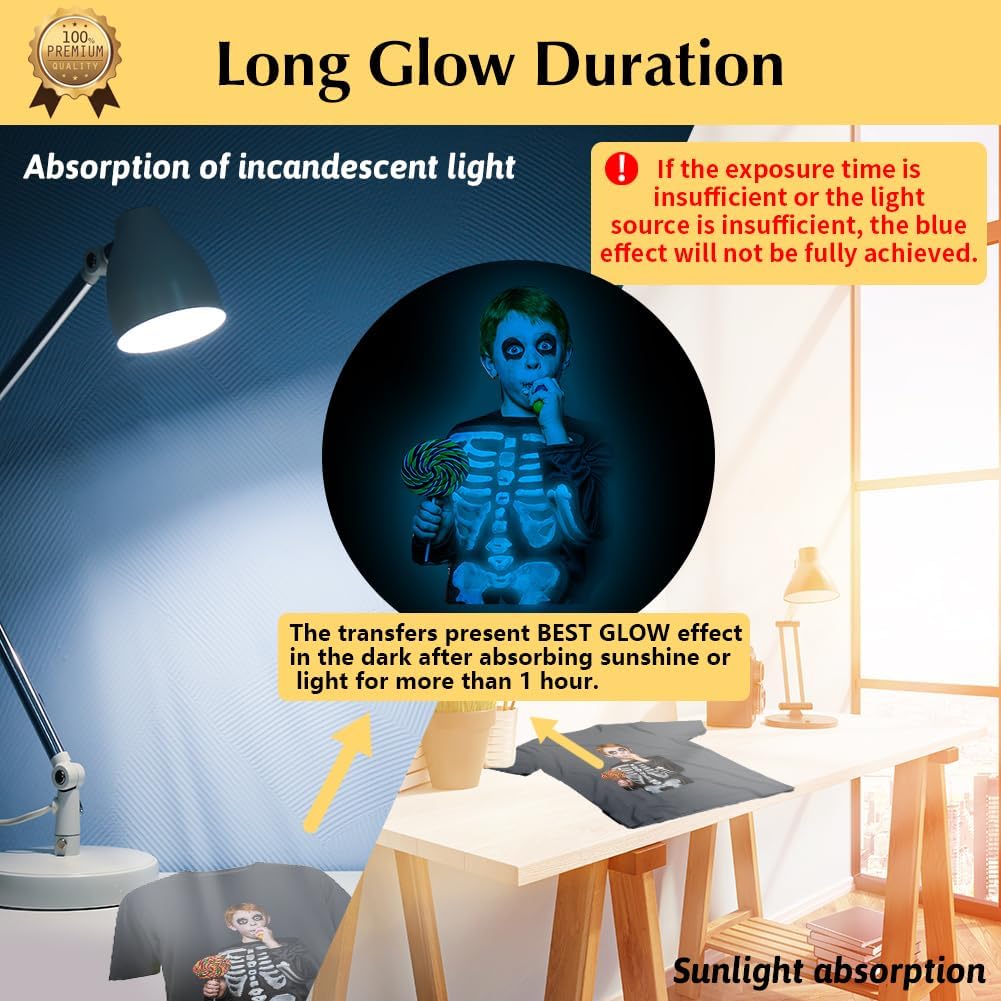 TransOurDream Luminous Heat Transfer Paper for T Shirts (10 Sheets, 8.5x11'', Glow 2.0) Printable Heat Transfer Vinyl for Inkjet Printer Iron on Transfers for Light & Dark Fabrics (TRANS-GD2-12)