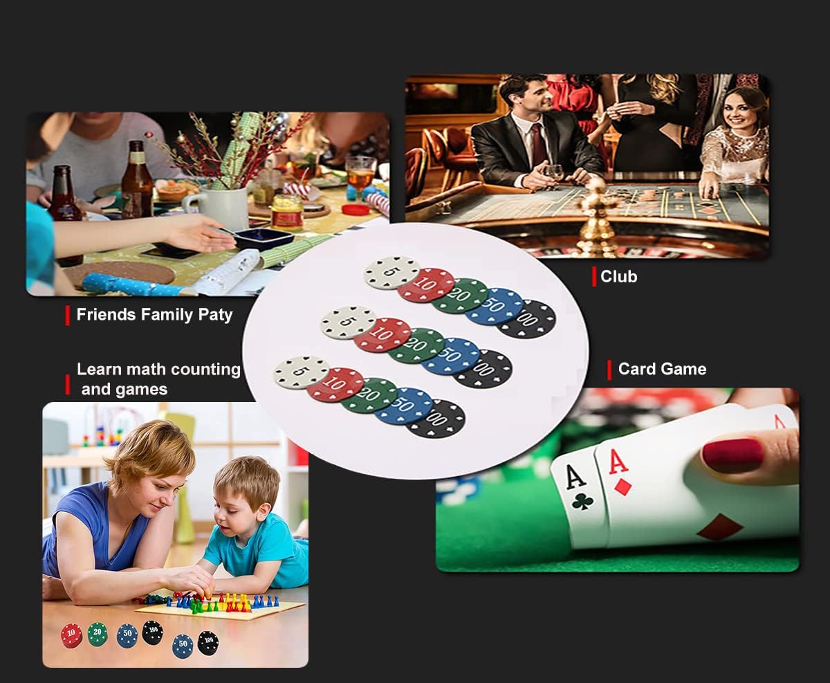 IXIGER Poker Chips,Denomination Poker Chips Set with Black Velvet Pouch Bag,Plastic Learning Counters Disks and Learning Math Counting Chips,Game Night Party Supplies(100pcs)