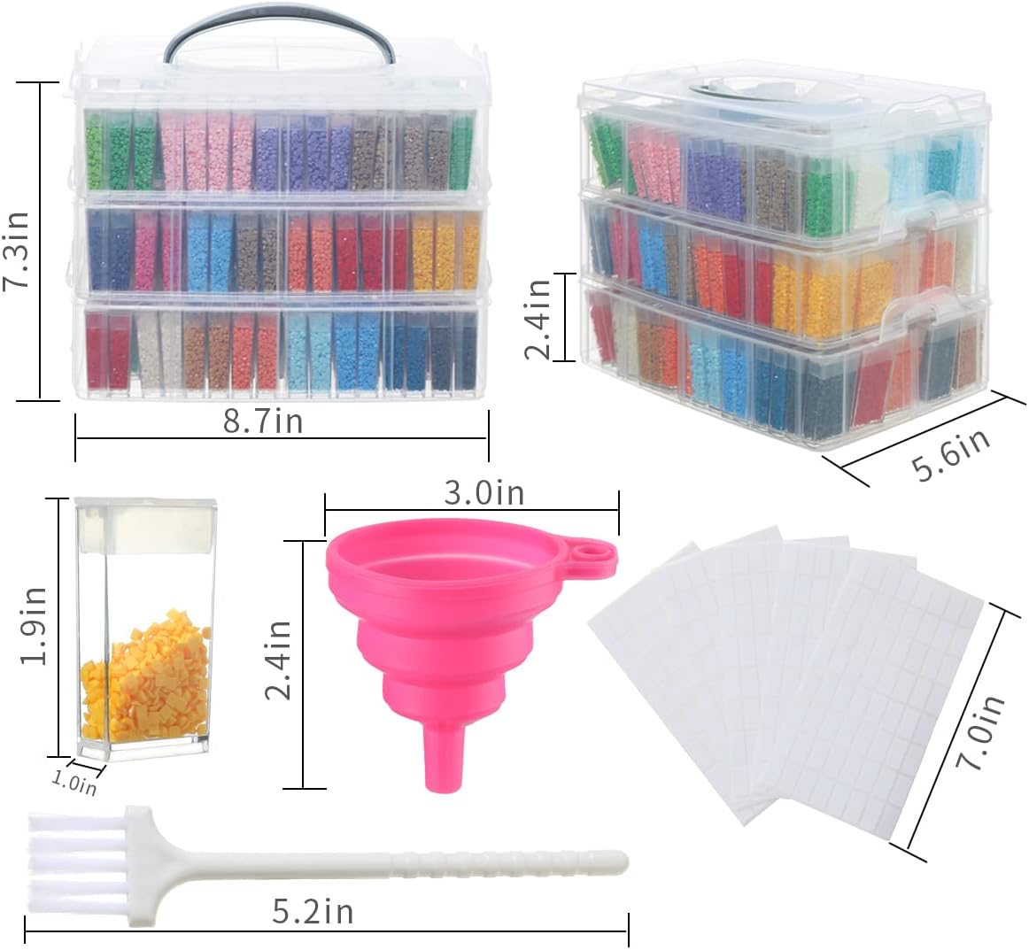Douorgan 3-Tier Diamond Painting Storage Containers Portable Bead Organizer and Storage Box Stackable Arts & Crafts Organizers for Nail Charms Seed, 240 Rectangular, Funnel, Stickers