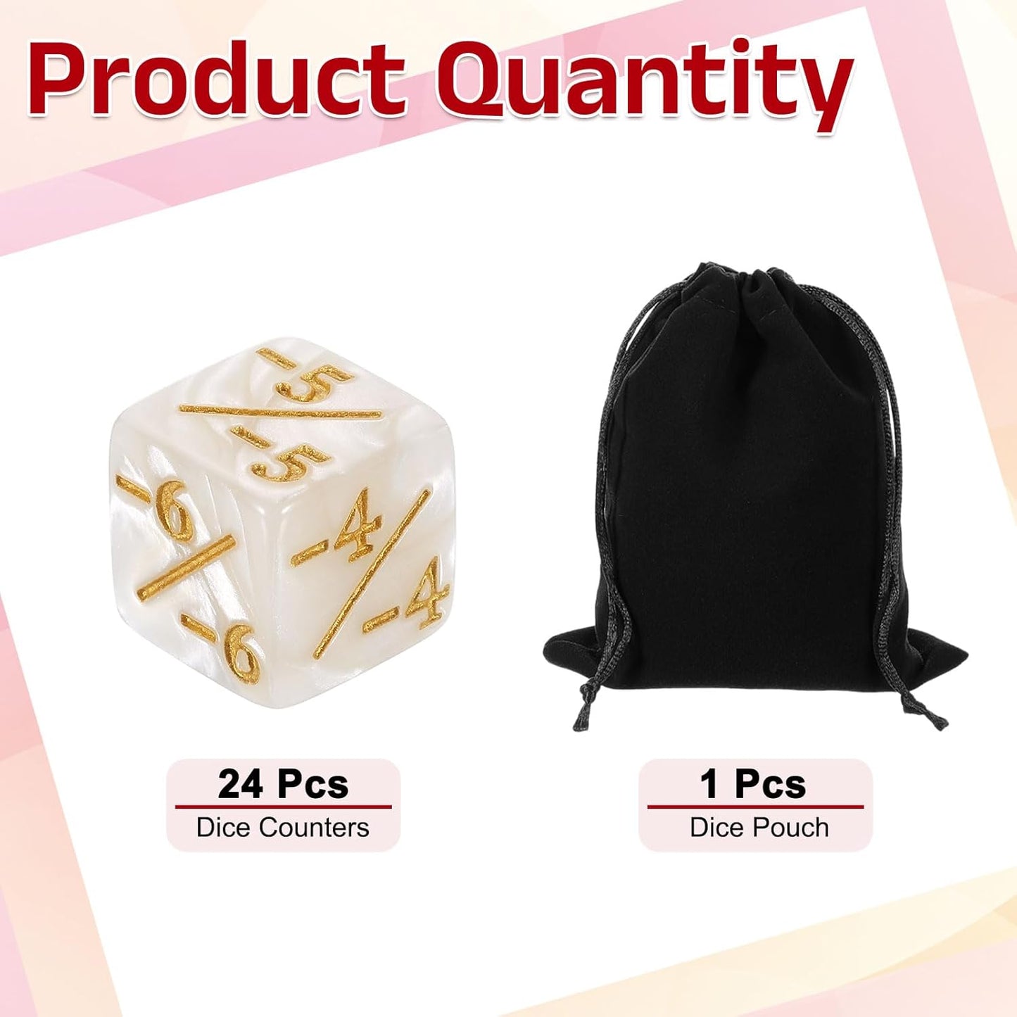 uxcell 24Pcs Magic Dice Counters, Acrylic D6 Life Token Dice Set with Pouch for Standard Cards Gaming Accessories, White Marble