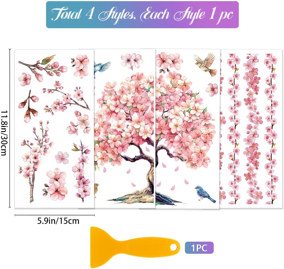 GLOBLELAND 4 Sheets Cherry Blossoms Tree Rub on Transfers 12x6inch Pink Flowers Furniture Transfers Sticker Birds UV Transfers Decal Craft for Bedroom Living Room Desk Table Decoration
