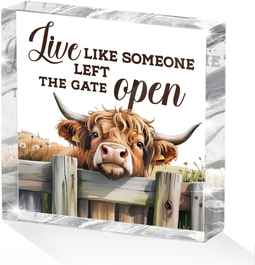 Cute Cow Decorative Signs, Rustic Western Animal Office Desk Decor Acrylic Sign 4x4 Inch, Desk Accessories Signs for Bathroom Cubicle Farmhouse Kitchen, Cow Gifts for Women Friend