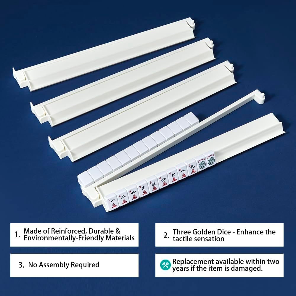 Mahjong All-in-One Tile Rack & Pusher, Acrylic Mahjong Combo, Enhanced Mah Jongg Tile Holders Set of 4 with 3 Goldern Dics (Beige White)