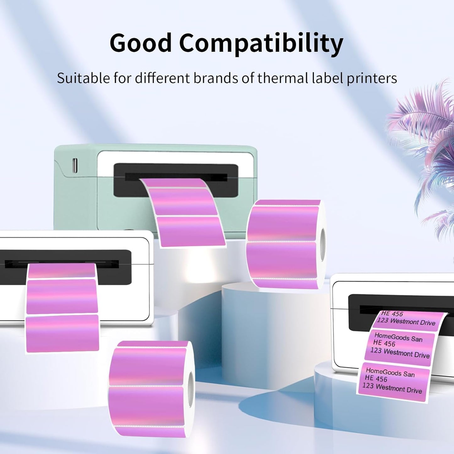 Direct Thermal Label 2x1 Inch- Barcode Labels- Holographic Thermal Sticker Labels for Address, Shipping, Compatible with Rollo Label Printer & MUNBYN& Zebra (300 Labels/Pink)