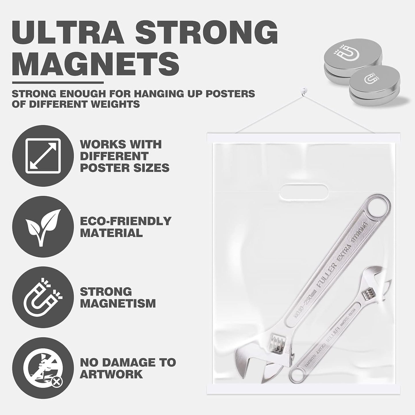 Ywlake Magnetic Poster Hanger, 18x24 18x12 18x24 Poster Frame Wood Wooden Magnet Print Posters Dowel Scroll Hanger Hangers Hanging Kit for Walls Map Canvas Artwork (White, 18")