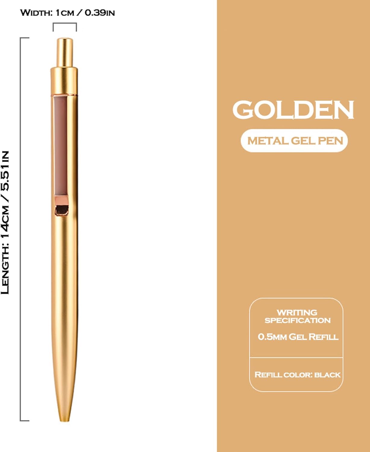 DUNBONG Golden Metal Gel Pen, Gel Ink Ballpoint Pen, Black Ink, 0.5mm Retractable Ink Pen (Golden)