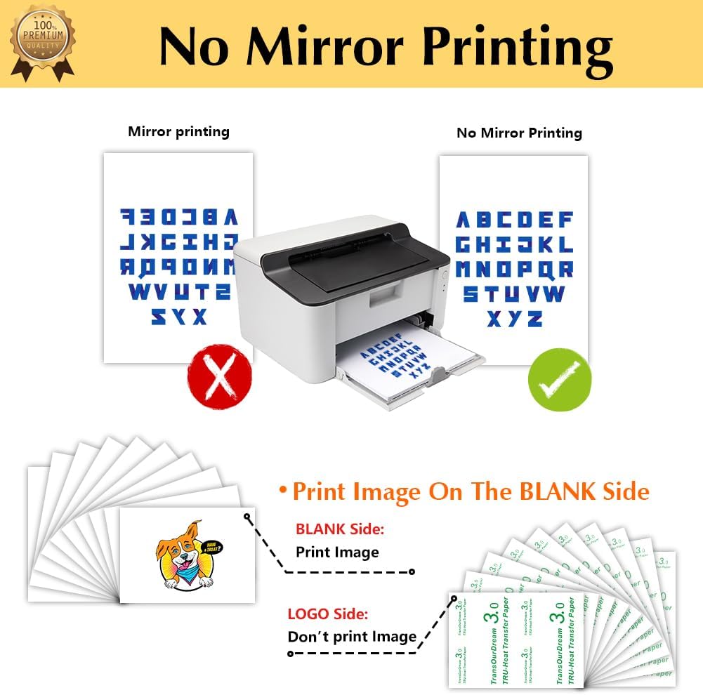 TransOurDream Heat Transfer Paper for Inkjet & Laserjet Printer (40 Sheets, 8.5x11, 3.0) Printable HTV Heat Transfer Vinyl for T Shirts Iron on Transfers for Light Fabrics (L3-40)