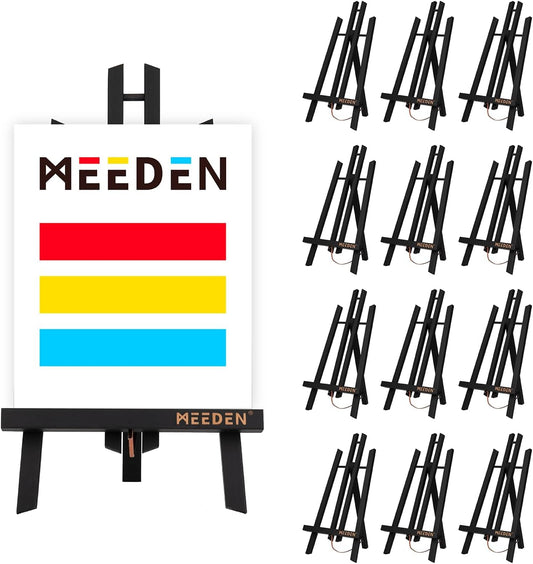 MEEDEN Small Tabletop Easel Stand: 16" x 12 Pack Pine Wood Table Top Display Stand for Painting - Black Mini Wooden Easel for Sign Picture Party Classroom