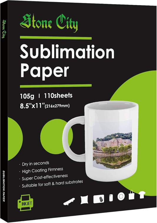 Stone City Sublimation Paper 8.5x11 Inch 110 Sheets 105g for Heat Transfer Light Fabric, T Shirt, Mug, Tumbler, Compatible with Inkjet Printer with Sublimation Ink