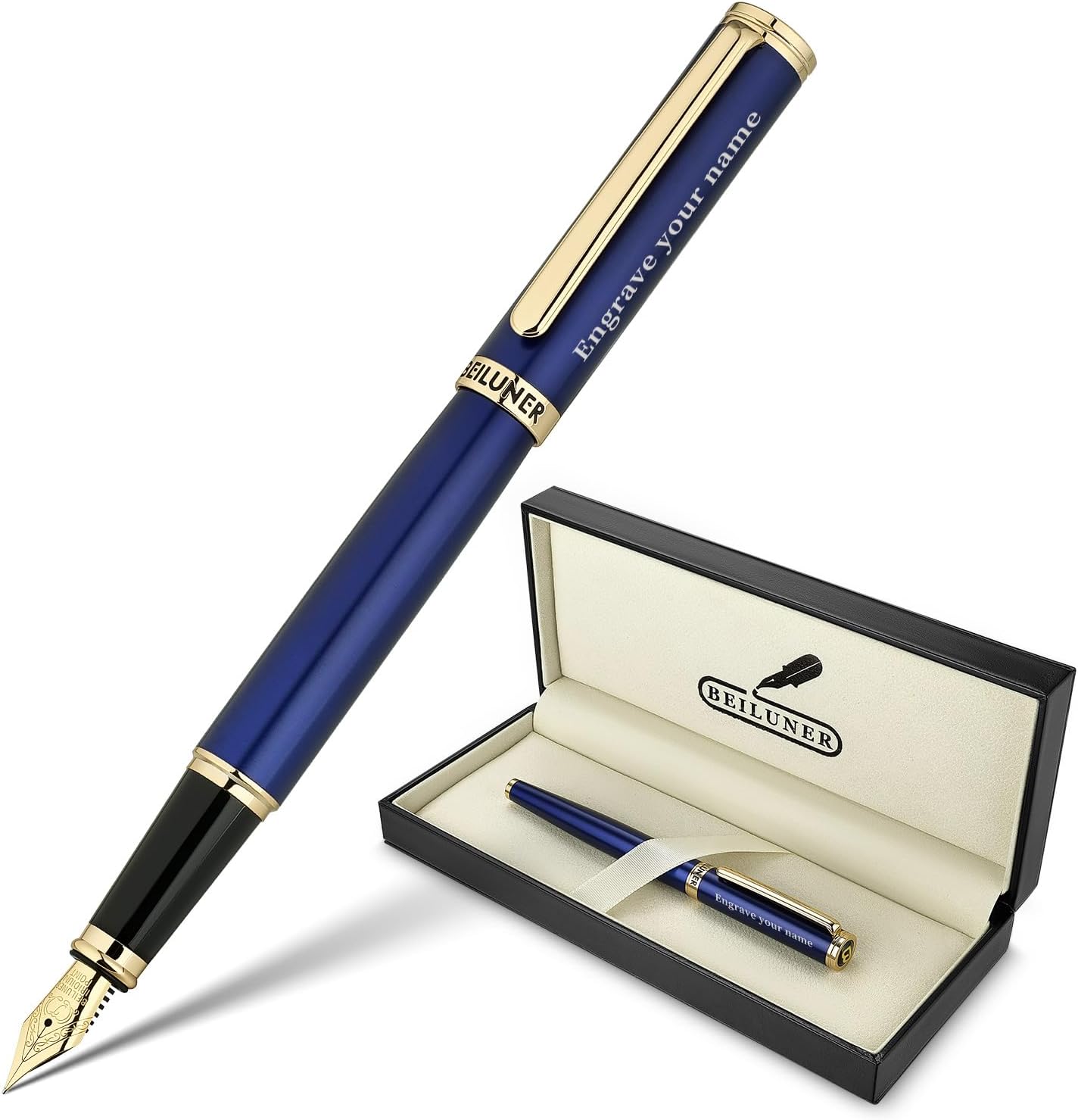 BEILUNER Blue Personalized Fountain Pen,Stunning Luxury Lacquer,24K Gilded Nib(Fine),Gorgeous 24K Gold Finish, Ink Converter,Fancy Gift for Men&Women-Elegant, Graduation,Nice Pens for Writing