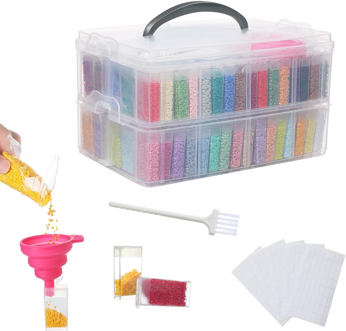 Douorgan 2-Tier Diamond Painting Storage Containers Portable Bead Organizer and Storage Box Stackable Arts & Crafts Organizers for Nail Charms Seed, 160 Rectangular, Funnel, Stickers