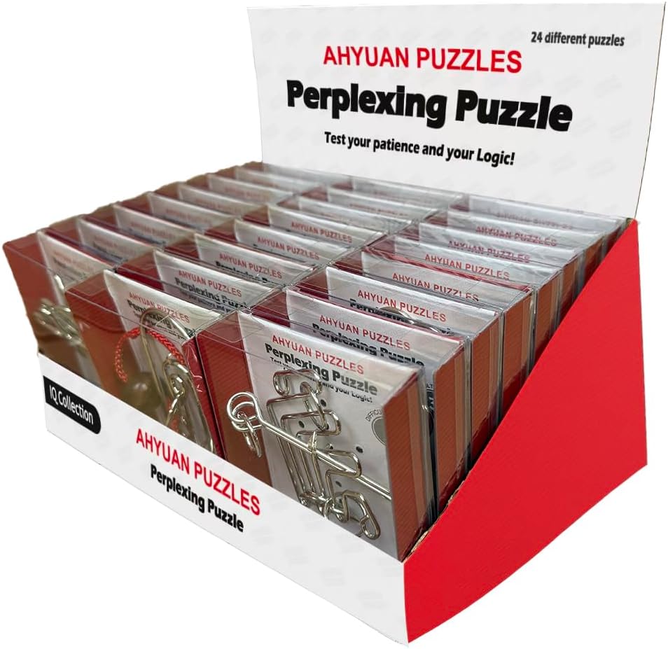 AHYUAN 24 Packs Large Metal Puzzles Brain Teaser IQ Wire Puzzles with Individual Backside Solution Paper Box Gift Package Educational Puzzle Games Toys Magic Trick Toy Party Favors for Kids Adults