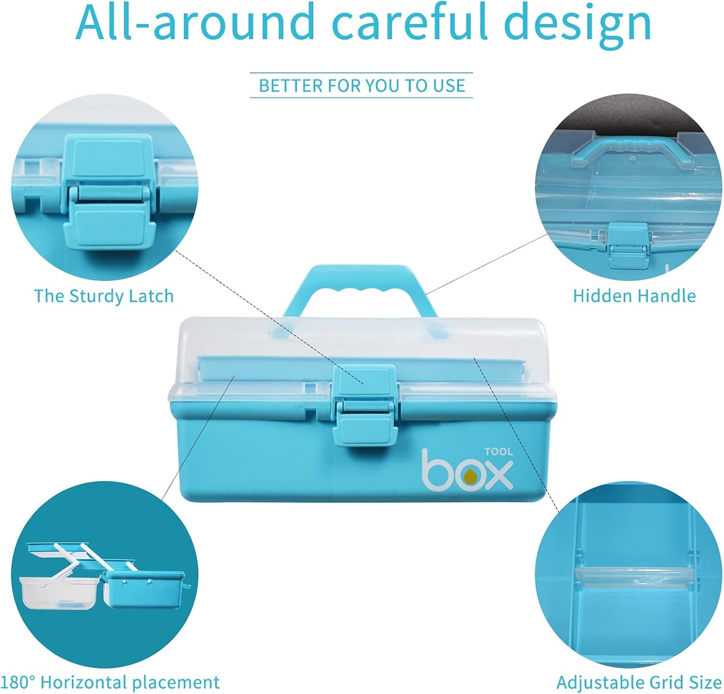 12in Three-Layer Multipurpose Storage Box Organizer Folding Tool Box/Art & Crafts Case/Sewing Supplies Organizer/Medicine Box/Family First Aid Box with 2 Trays (Blue)