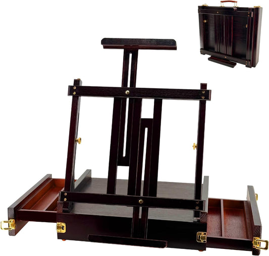 Large Walnut Sketchbox Table-Top Easel with Dual Dawers-Adjustable Solid Beech Wood Artist Desktop Easel with Storage Holds Canvas up to 34'' High-(Dark Walnut)