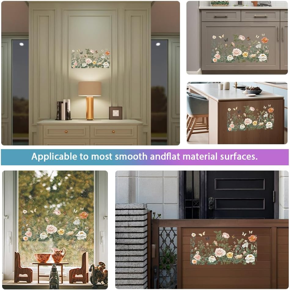 GLOBLELAND 4 Sheets Light Vintage Florals Furniture Transfer 11.8x5.9inch Butterflies Peonies Rub on Transfer Wildflowers UV Self-Adhesive Stickers Wall Art Craft for Bedroom Living Room Desk Table