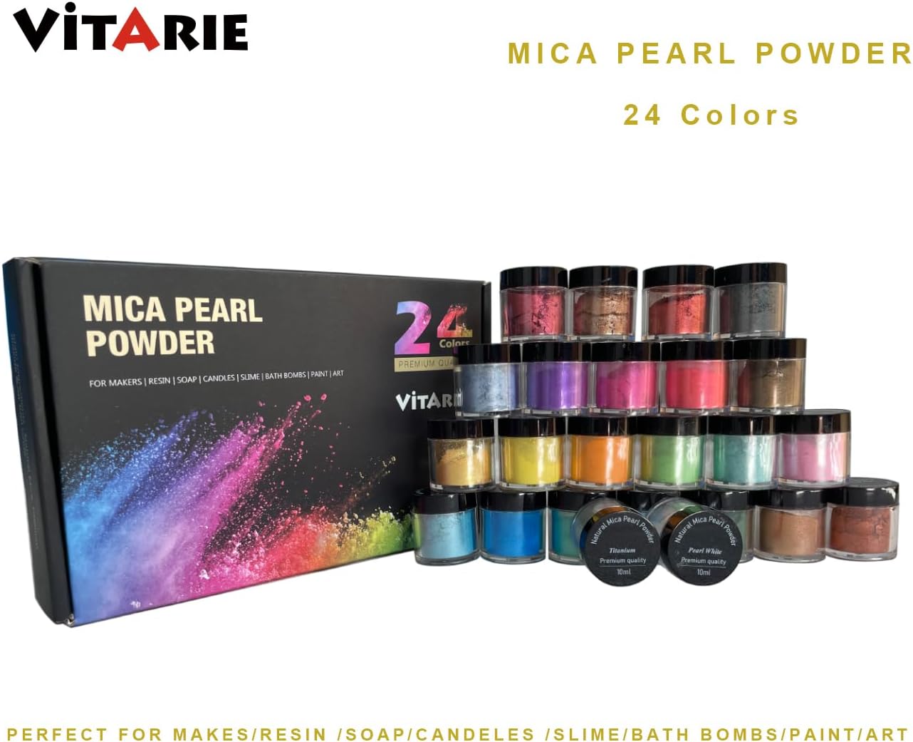 Mica Powder for Lip Gloss, Nails, Epoxy Resin, Soap Making, Bath Bombs, Art Crafts, 24 Colors, 10ml (0.11oz) Each, Neat Jar Set