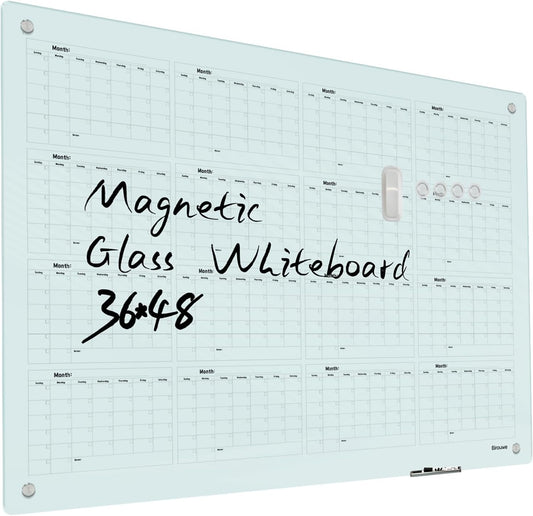 Magnetic Glass Yearly Calendar Whiteboard - Glass Dry Erase Board 48"x36" Large Frameless Glass Board for Walls Office School and Home