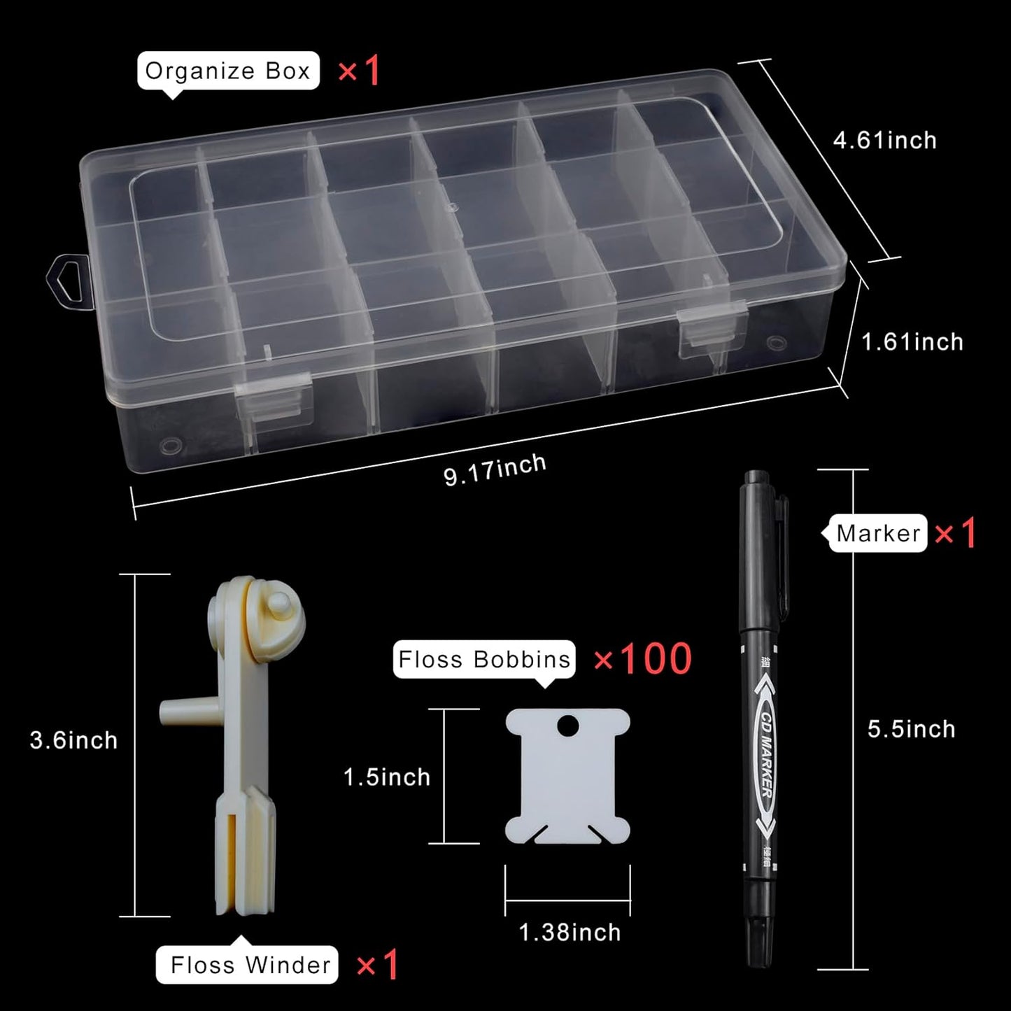 BLUE HANDCART Embroidery Floss Organizer, 1 Removable 18 Compartments Cross Stitch Thread Storage Box with 100 Plastic Embroidery Floss Bobbins, 1 Floss Winder and 1 Marker