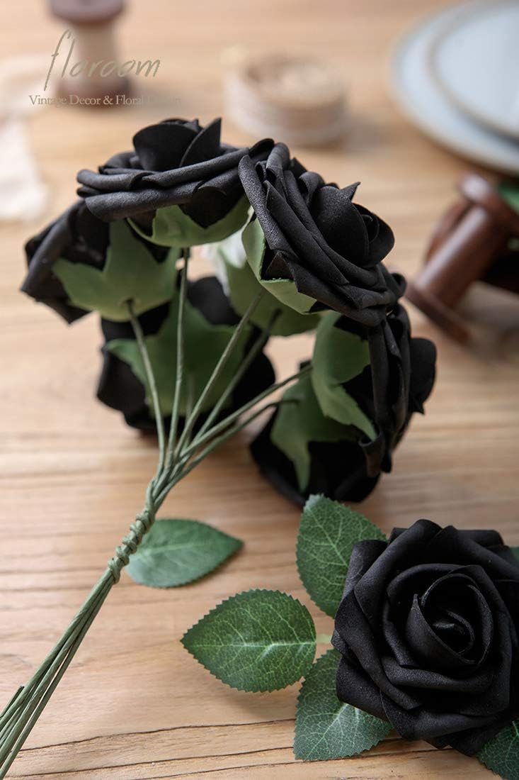 Floroom Artificial Flowers 25pcs Real Looking Black Foam Fake Roses with Stems for DIY Wedding Bouquets Centerpieces Arrangements Party Tables Home Halloween Decorations