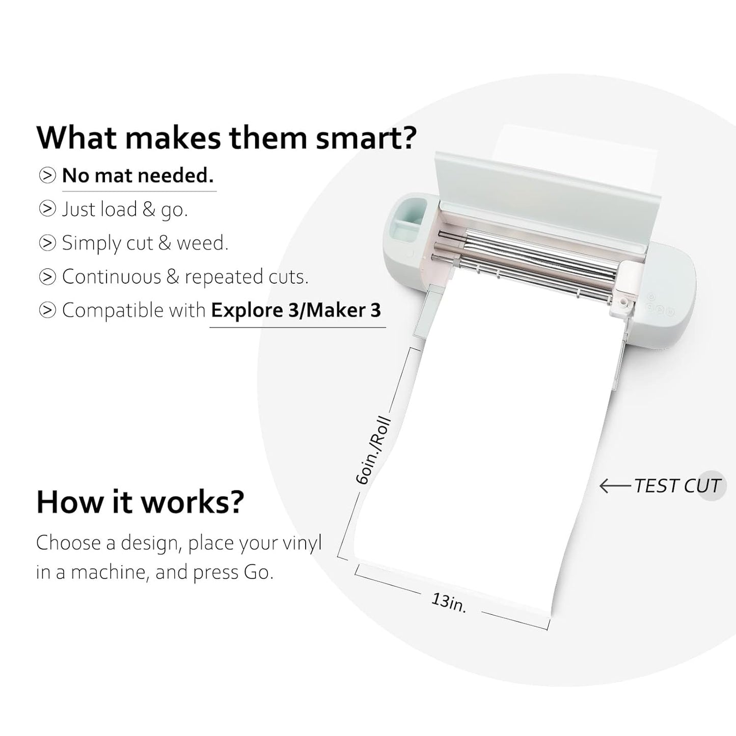 TECKWRAP 001 Smart Adhesive Vinyl Permanent,13in x 5ft, Vinyl for DIY Decal Projects, Compatible with Explore3/Maker3, Matte Coconut White