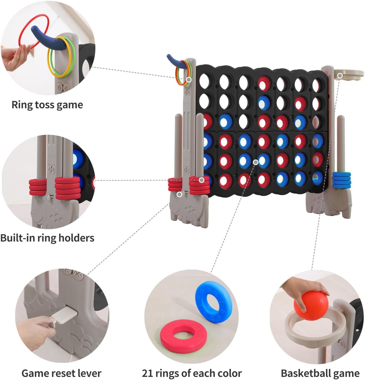 UNICOO Giant 4-in-A-Row with Carry Bag, Ring Toss, Basketball Hoop - Large Outdoor Game for Family Fun - Big Jumbo Game Set for Backyard Parties, BBQs, and Gatherings (Black & Grey)