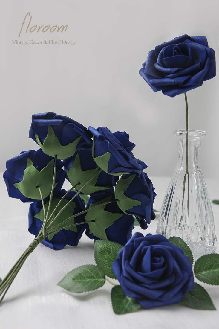 Floroom Artificial Flowers 50pcs Real Looking Royal Blue Foam Fake Roses with Stems for DIY Wedding Bouquets Bridal Shower Centerpieces Floral Arrangements Party Tables Home Decorations