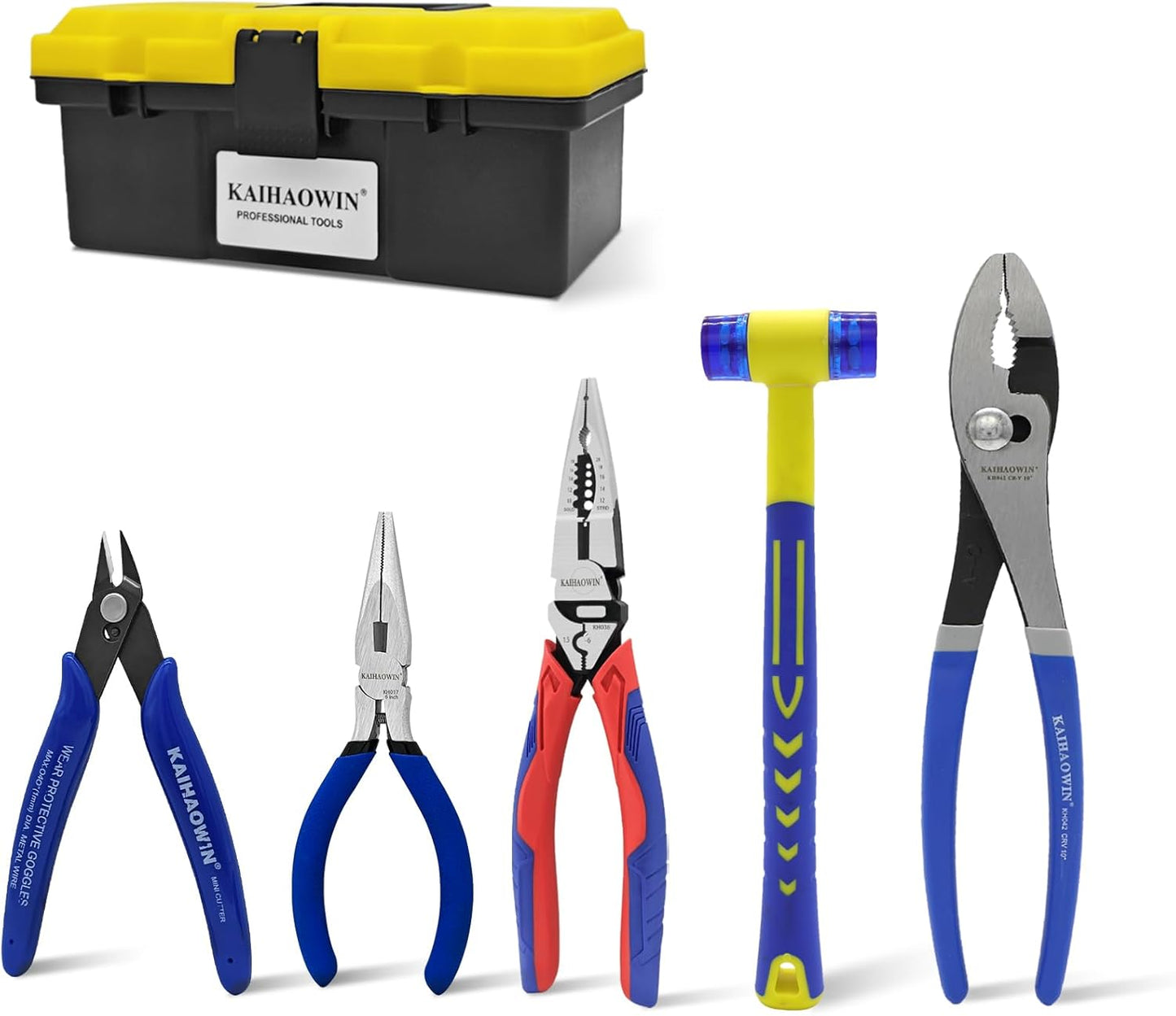 KAIHAOWIN 6-Piece Tool Set with Case, 8.8” Long Nose, Slip Joint Pliers,5” Needle Nose, 5" Flush Cutter, Rubber Mallet for Repairing & Home Use