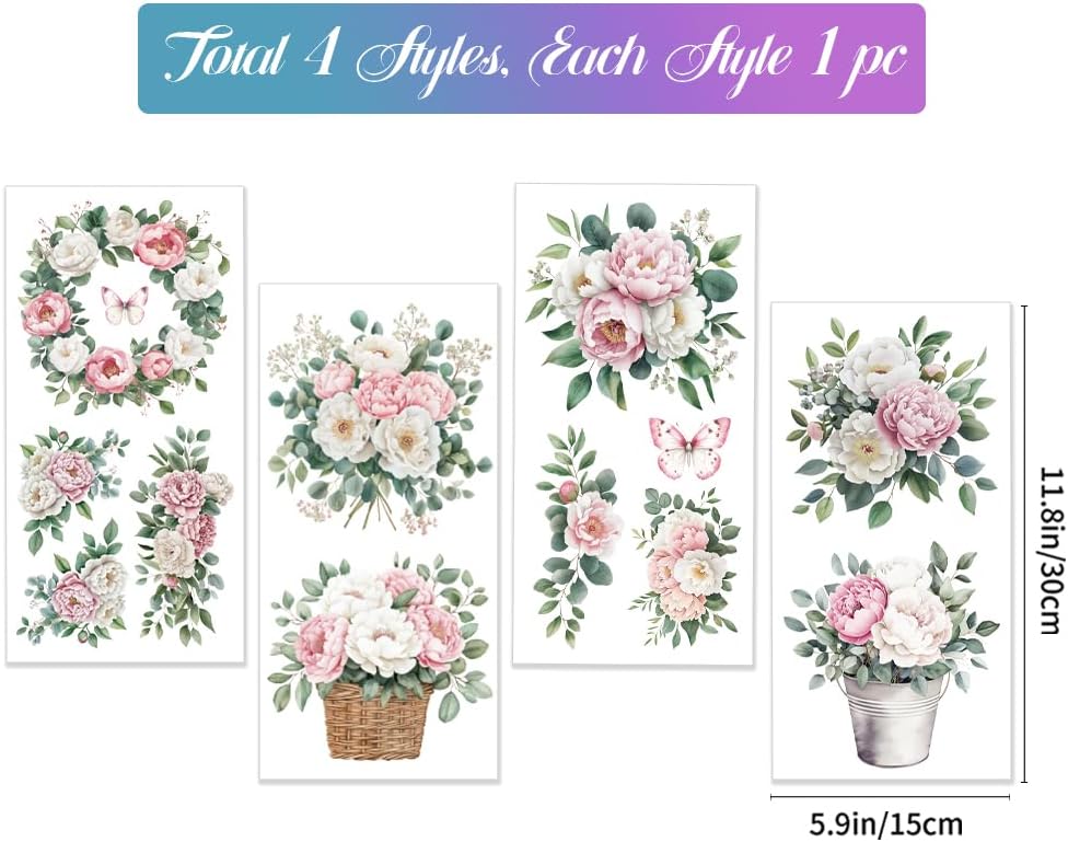 GLOBLELAND 4 Sheets Pink and White Flowers Transfer 11.8x5.9inch Peony Wreath Rub on Transfer Self-Adhesive Wall Art Decals for Farm Bedroom Living Room Desk Table Decoration