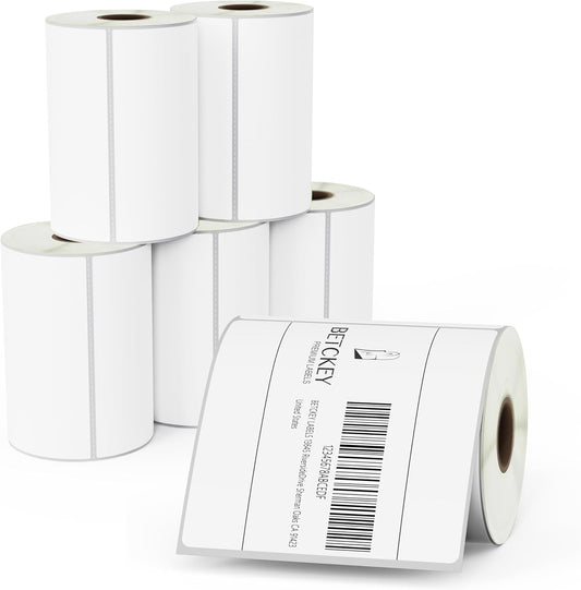 BETCKEY - 4" x 4" (102 mm x 102 mm) Shipping & Large Square Removable Film Label - Durable Waterproof - Compatible with Zebra & Rollo Label Printer [6 Rolls, 2100 Labels]