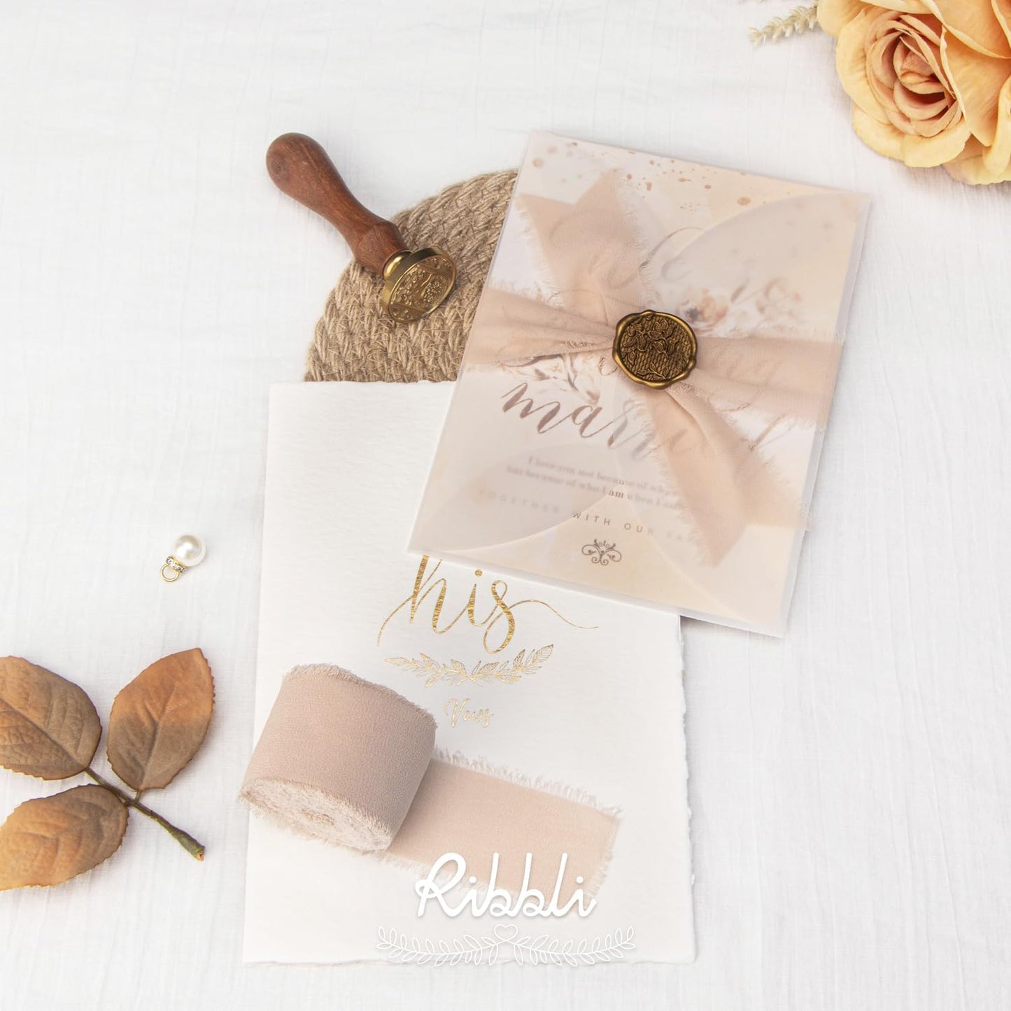 Ribbli Beige Chiffon Ribbon 1-1/2 inch x 20 Yard Handmade Fringe Silk Ribbon for Wedding Invitations, Bridal Bouquets Wrapping, Flower Arrangement Decoration