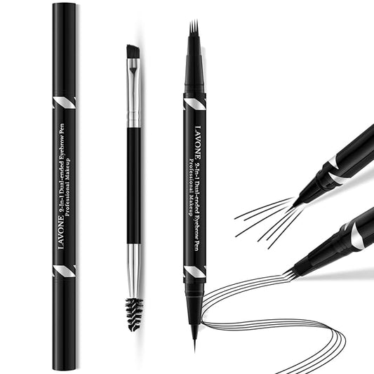 LAVONE 2-IN-1 Dual-ended Waterproof Eyebrow Pencil, 4 Tip Microblading Pen and Ultra-Precise Brow Pencil, Dual-ended Eyebrow Brush, Natural Looking Dark Black